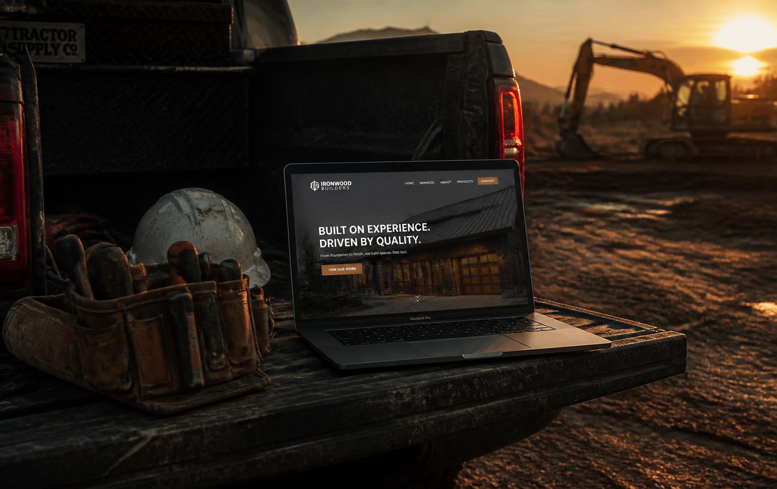 Laptop on a work truck tailgate showing a contractor website at a job site