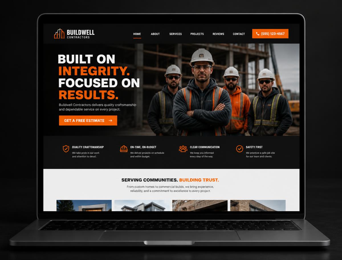 Home page design for a general contracting company shown on a laptop