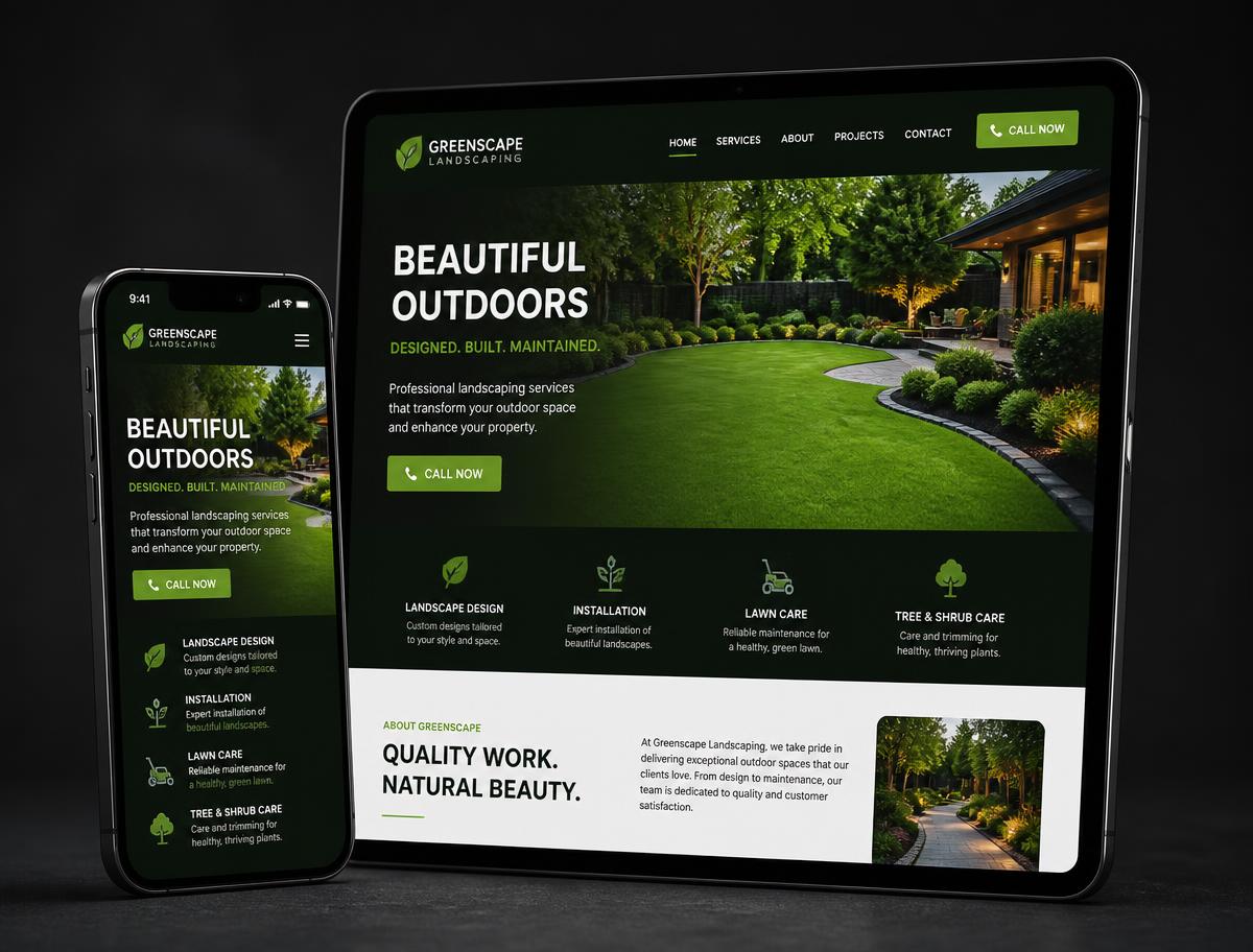 Landscaping company website shown on a phone and tablet