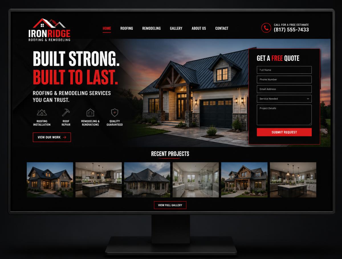 Roofing and remodeling company website with a quote form shown on a monitor